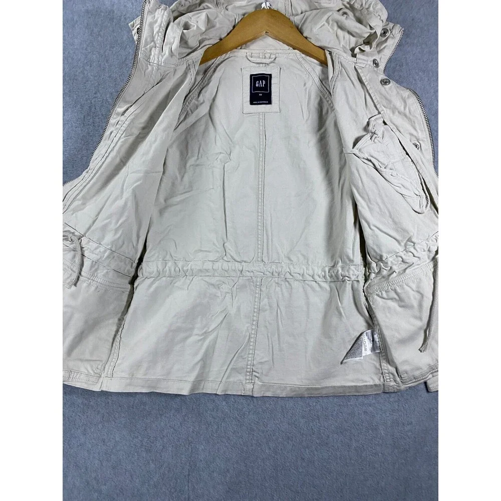 Gap Field Jacket Women's XS Beige Cotton Full Zip Cinched Waist‎ Utility Hooded